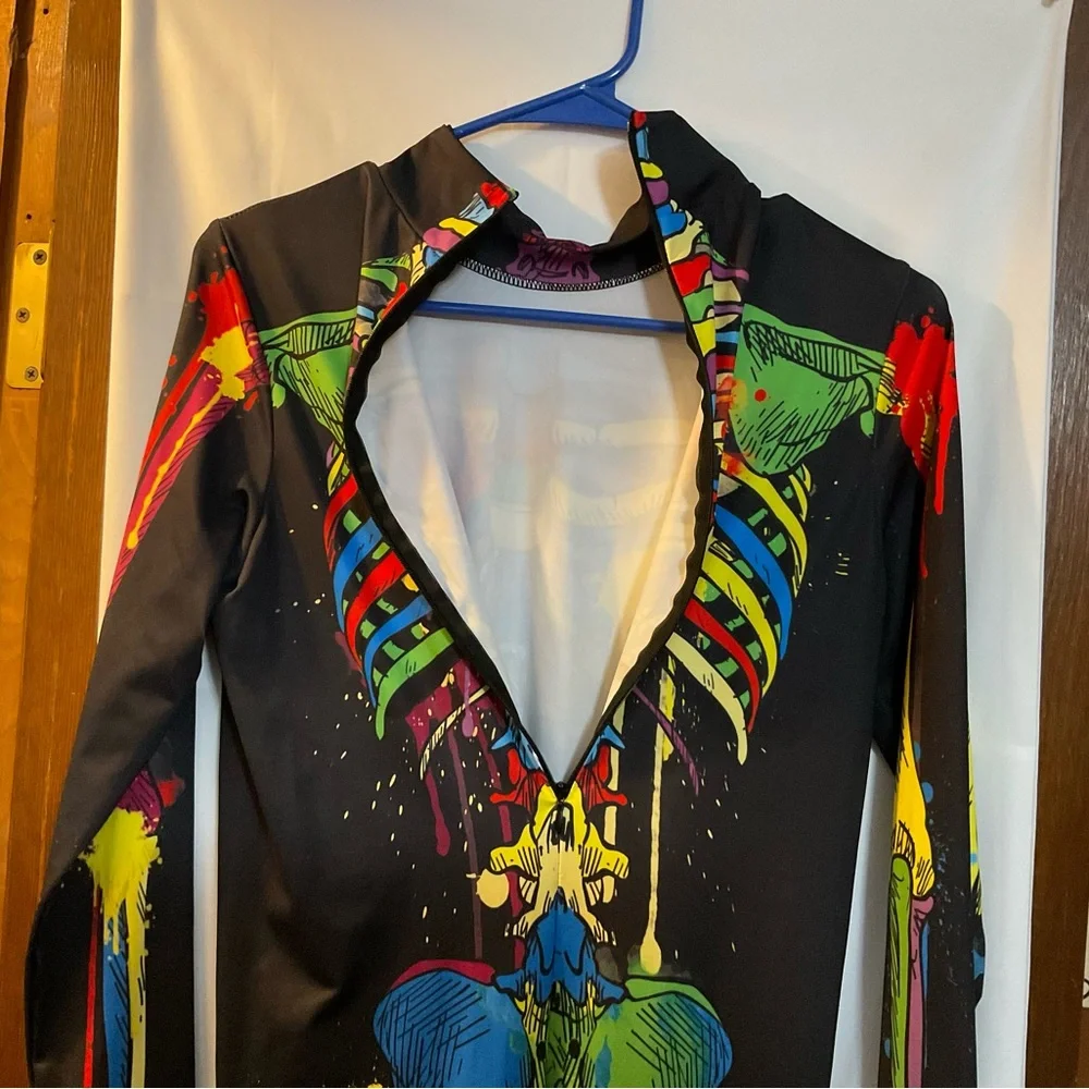 Skeleton printed long sleeves bodysuit/ one piece unisex painted rainbow color.